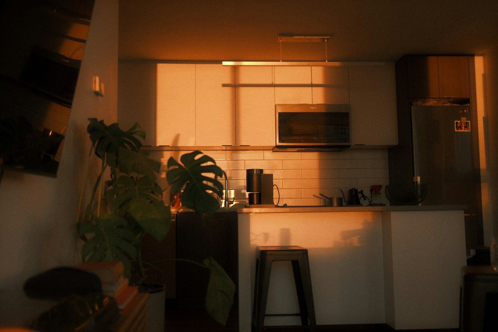 Modern kitchen glowing in warm evening light